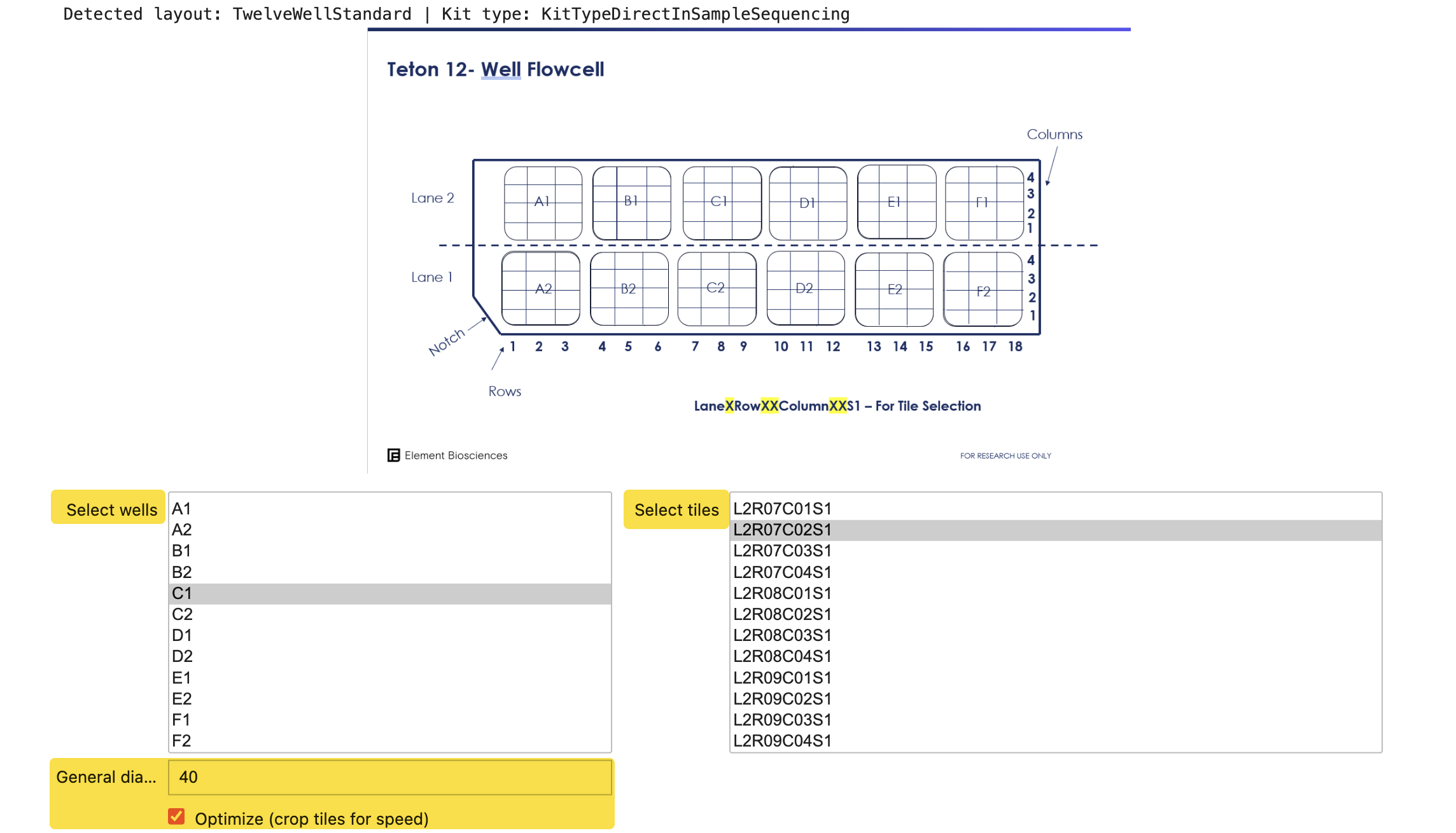 Well and tile selection widget with the "Optimize crop" checkbox selected, showing the checkbox highlighted next to the cell diameter input.