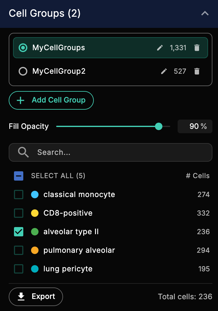 Cell Groups panel showing two saved groups, category checkboxes, fill opacity slider, and Export button