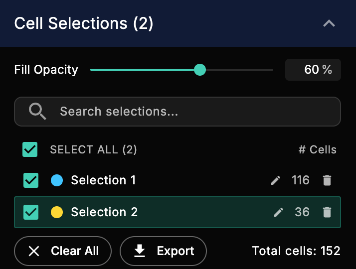 Cell Selections panel